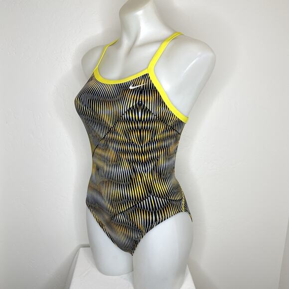 Nike One Piece Racing Swimsuit Womens 30 US 4 Yellow Warped Print - Picture 1 of 5